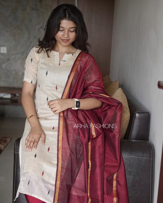 Ivory Ikkat Kurti with Maroon Dupatta
