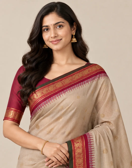Beige-Green Silk Saree