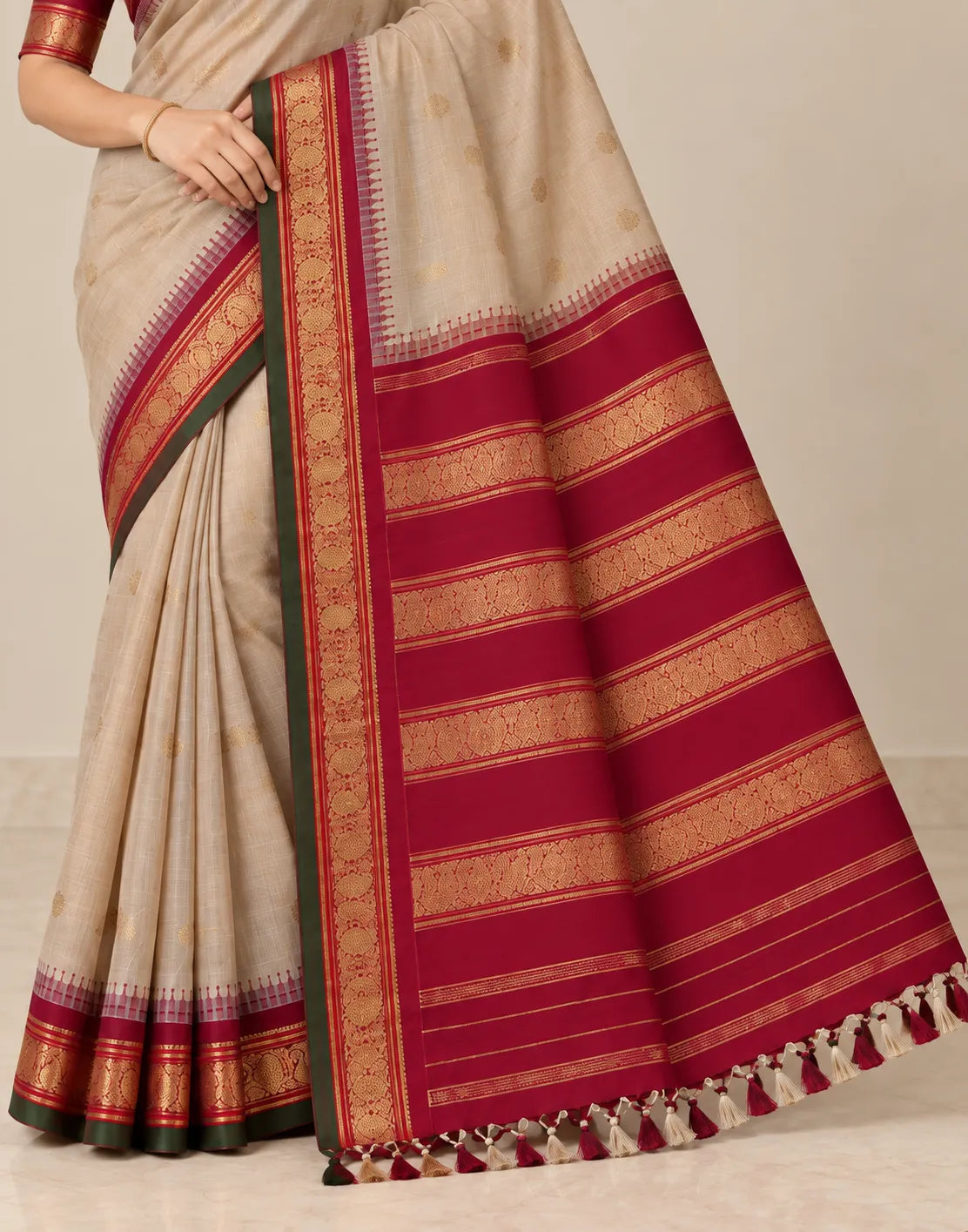 Beige-Green Silk Saree