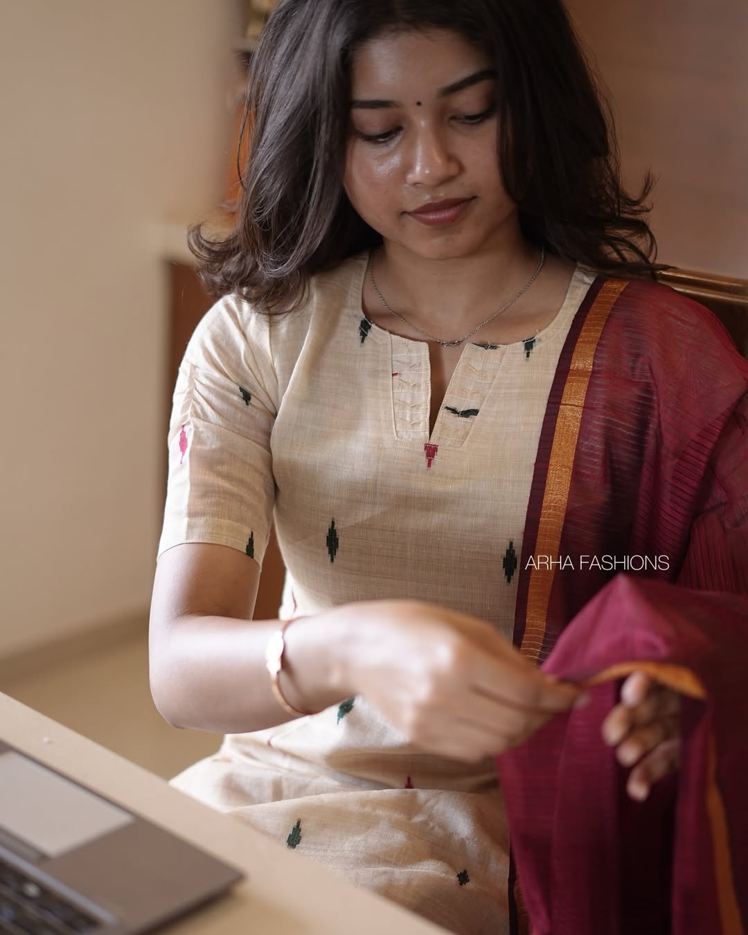 Ivory Ikkat Kurti with Maroon Dupatta