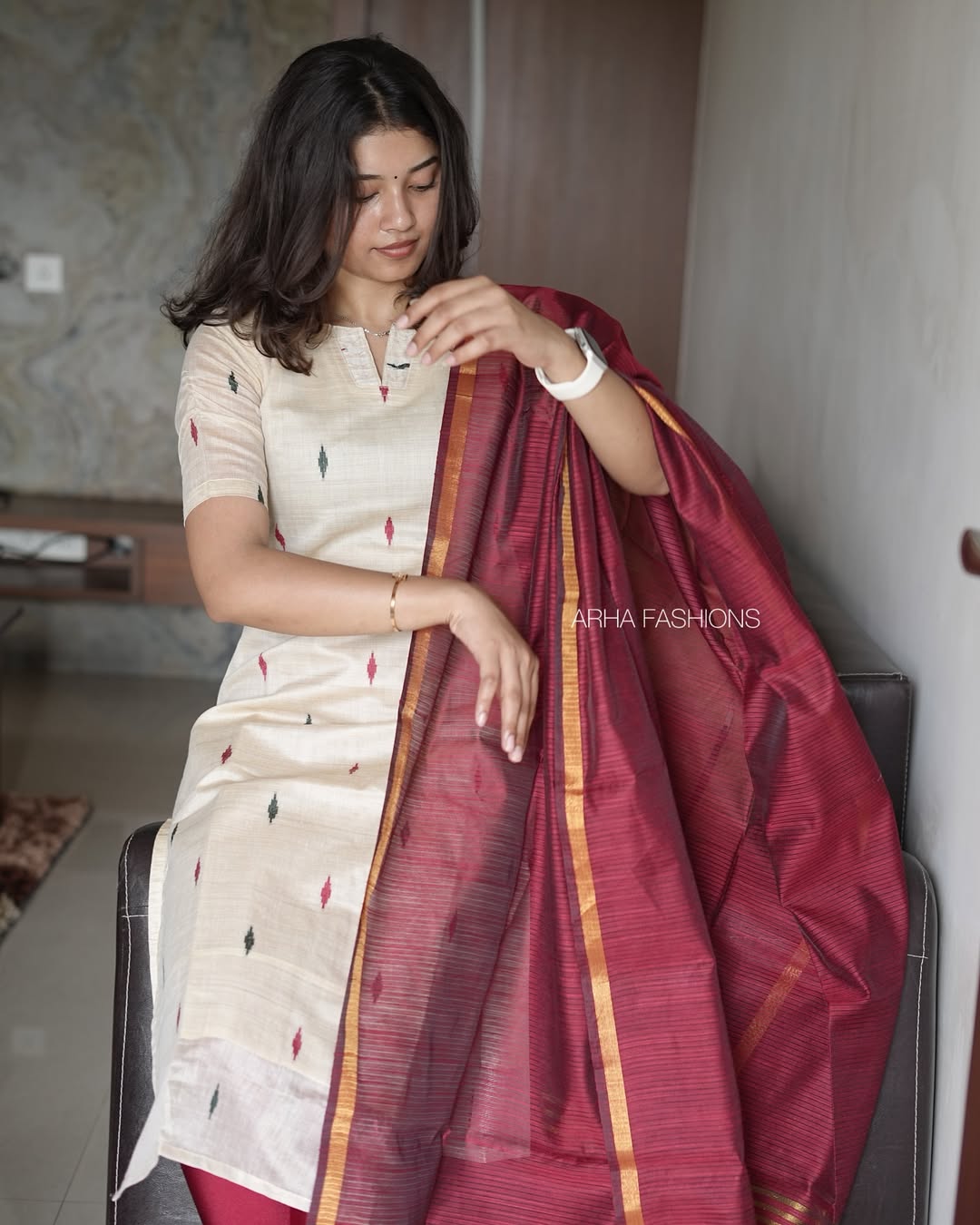 Ivory Ikkat Kurti with Maroon Dupatta