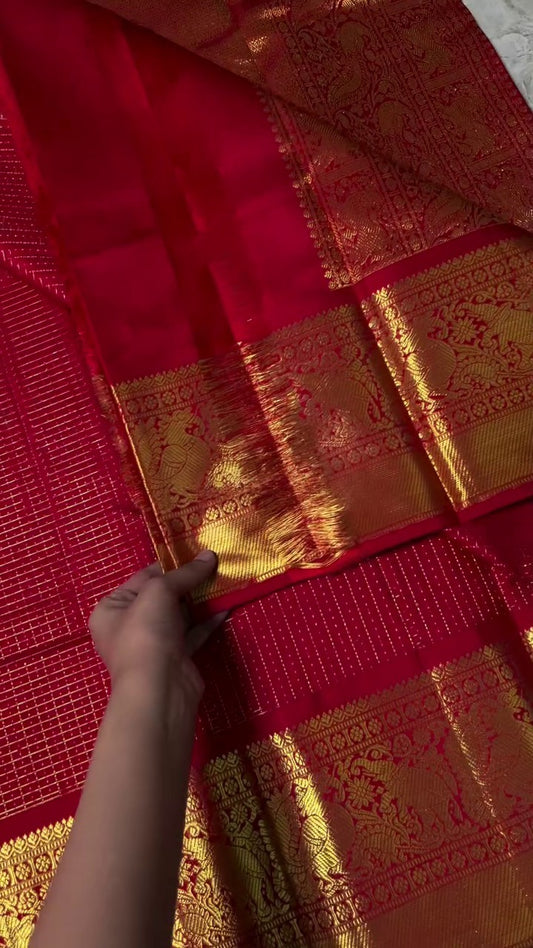 Red Checked Banarsi Silk Saree